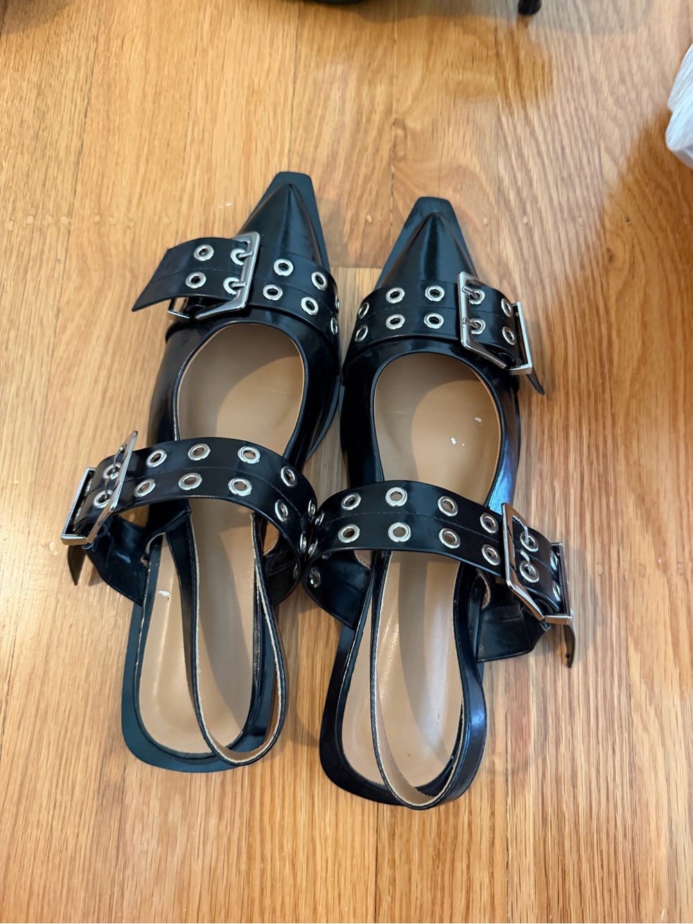 Black Pointed Slingback Flats with Buckle Detail
